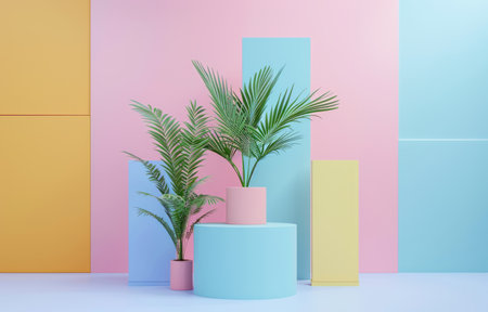 Abstract 3D room with set of realistic pedestal podium.の素材