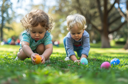 Little happy kids are hunting for Easter eggs. Easter traditions.の素材