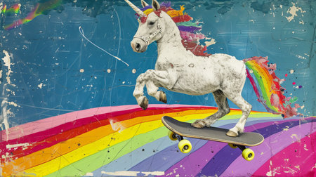 Rainbow unicorn skateboarding. Surreal collage with torn paper.の素材