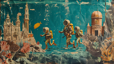 Divers explore the underwater city. Ripped paper collage.の素材