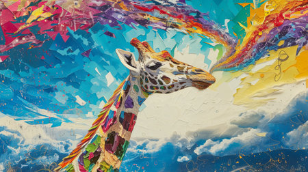 Giraffe eats rainbow. Surreal collage with torn paper.の素材