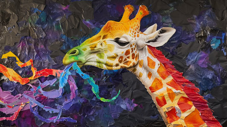 Giraffe eats rainbow. Surreal collage with torn paper.の素材