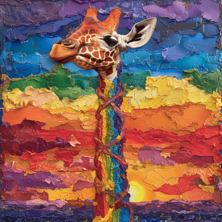 Giraffe on rainbow background. Fashionable ripped paper collage.の素材
