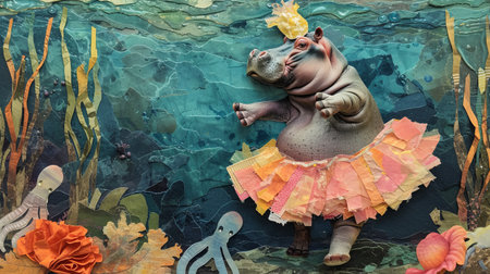 Hippo in tutu dancing with octopuses underwater. Surreal collage with torn paper.の素材