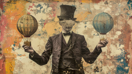 Man in cylinder hat holding two balloons. Ripped paper collage.の素材