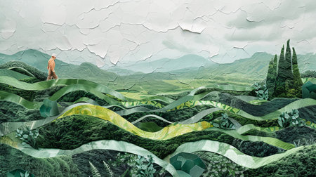 Gardener takes care of plants. Grunge vintage ripped paper collage.の素材