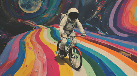 Astronaut rides bicycle over cosmic rainbow.の素材