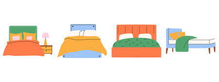 Set of trendy beds in scandinavian style. Modern soft furniture collectionのイラスト素材