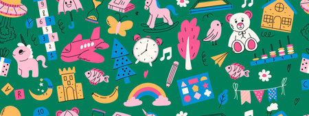 Colorful seamless pattern with daycare doodle. Montessori, hopscotch, toys, flower, umbrella, house,...