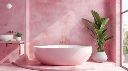 Pink bathroom interior with bathtub and potted plant.の素材