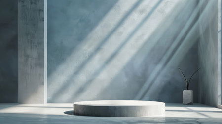 Minimalist scene with podium and shadow on concrete wallの素材