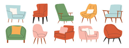Set of trendy armchairs in scandinavian style. Modern soft furniture collectionのイラスト素材