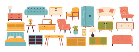 Set of trendy furniture in scandinavian style. Sofa, table, wardrobe, armchair, chest of drawers.のイラスト素材
