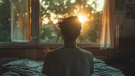 Young man sitting on the bed and looking out the window at sunsetの素材