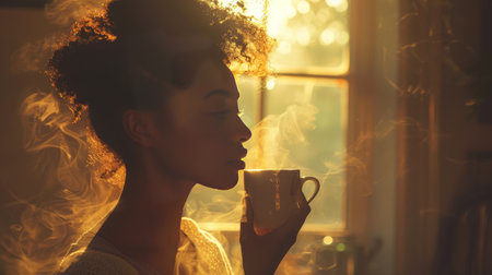 Beautiful woman holding a cup of coffee in the morningの素材