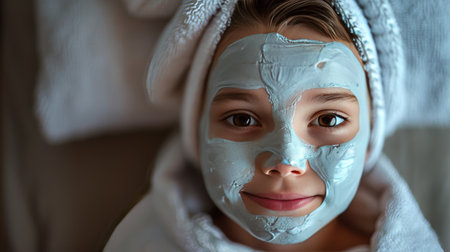 Cute little girl with clay facial mask on her face at homeの素材