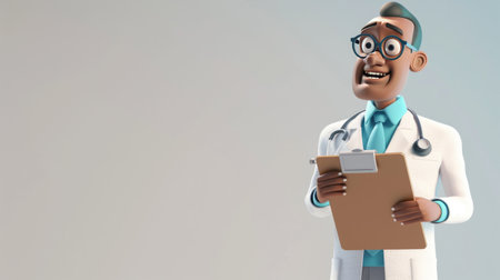 3d illustration of cartoon character doctor with stethoscope and clipboardの素材