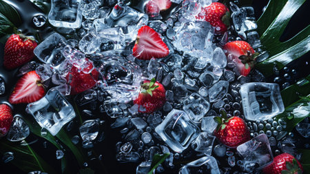 Ice cubes, strawberries and mint leaves on black background.の素材