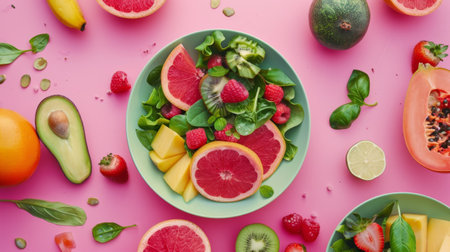 Healthy fruit salad with grapefruit, kiwi, melon, avocado, pineapple, mango and basil leaves on pink background