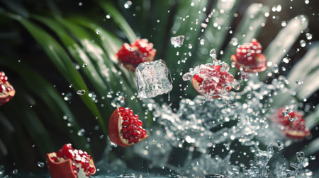 Falling pomegranate fruit with ice cubes on black backgroundの素材