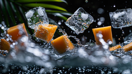 Falling ice cubes with orange slices and water splash on black backgroundの素材