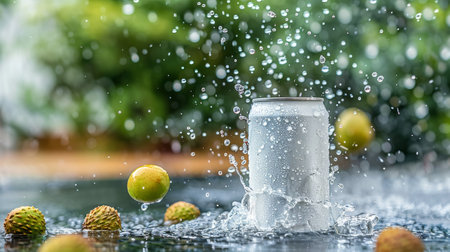 Fresh litchi fruit falling into aluminum can with water splash and blurred backgroundの素材
