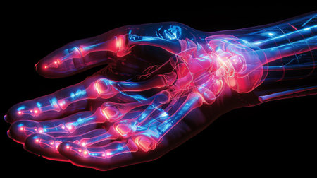 X-ray of human foot with glowing bones.の素材