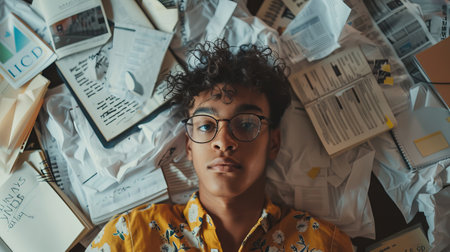 African american office worker in eyeglasses lying on pile of papersの素材