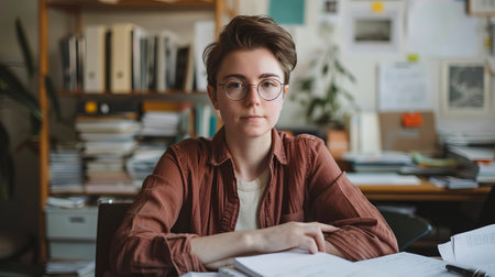 Serious young woman in eyeglasses sitting at desk in officeの素材