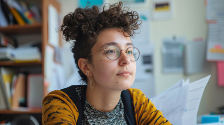 Office worker sitting at her desk in an officeの素材