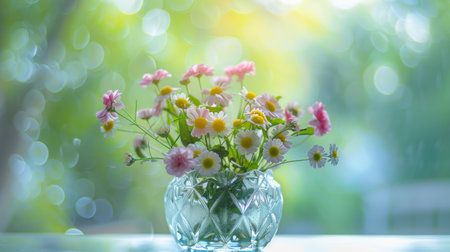 Bouquet of wildflowers in glass vase. Spring background.の素材