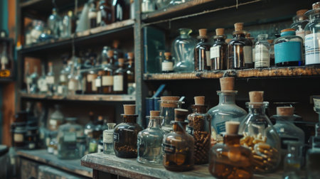 Antique medicine bottles on shelf in pharmacy drugstore.の素材