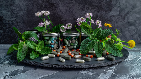 Alternative medicine. Assortment of medical pills, tablets and herbs in glass jars on dark background.の素材