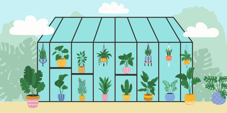 Botanical garden with plants in stylish planters and pots. Vector illustrationのイラスト素材