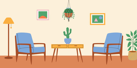 Living room interior with armchairs and macrame plant. Vector illustrationのイラスト素材