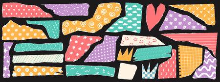 Set of ripped paper sheets with funny pattern. Design elements for contemporary art collage. Vector illustrationのイラスト素材