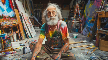 Elderly Male Artist in Colorful Attireの素材