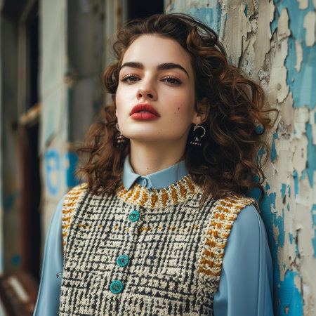 Fashionable Young Woman in Tweed Vest and Blue Blouse On Old Rustic Wallの素材