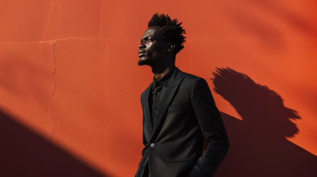 Stylish Man in Black Suit Against Vibrant Orange Wall with Dramatic Shadowの素材
