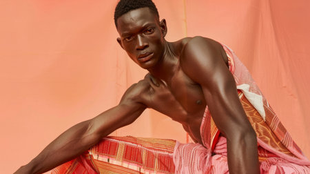 African Male Model Draped in a Vibrant Orange Shawlの素材