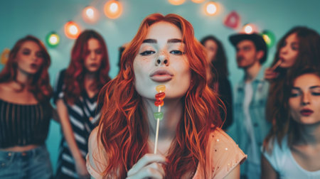 Red-Haired Young Woman Posing with Lollipop at Party with Friendsの素材