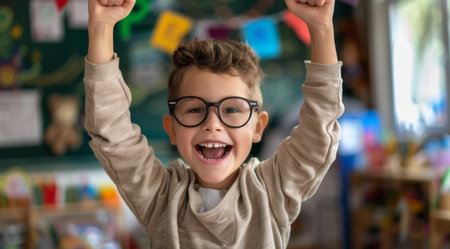 Happy Child with Glasses Celebrating in Colorful Classroomの素材