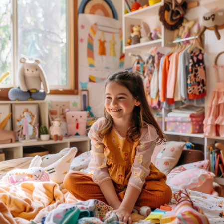 Joyful Child Sitting in Colorful Bedroom with Toys and Clothesの素材