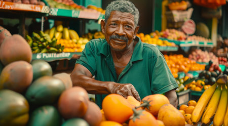 Elderly Man Selling Fresh Fruits at Vibrant Outdoor Market Stallの素材