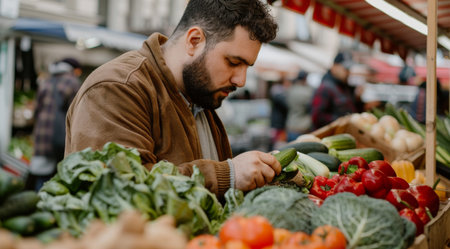 Man Choosing Fresh Vegetables at Outdoor Market Stallの素材