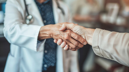 Doctor and Patient Shaking Hands in a Medical Office. Symbolizing Trust and Partnership in Healthcareの素材