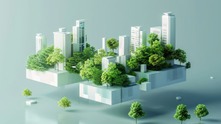 Green Urban Architecture. Futuristic Cityscape with Trees and Sustainable Buildingsの素材