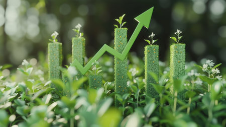 Sustainable Business Growth Concept with Green Arrow and Plant Graphs Representing Eco-Friendly Investmentの素材