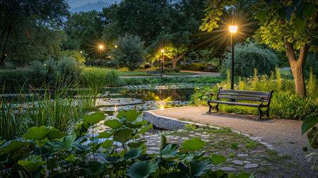 Tranquil Evening in Park with Bench and Lush Greeneryの素材