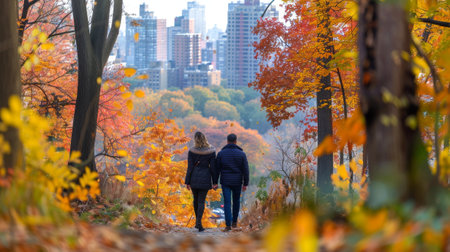 Couple Walking Through Vibrant Autumn Foliage in Urban Park with City Skylineの素材
